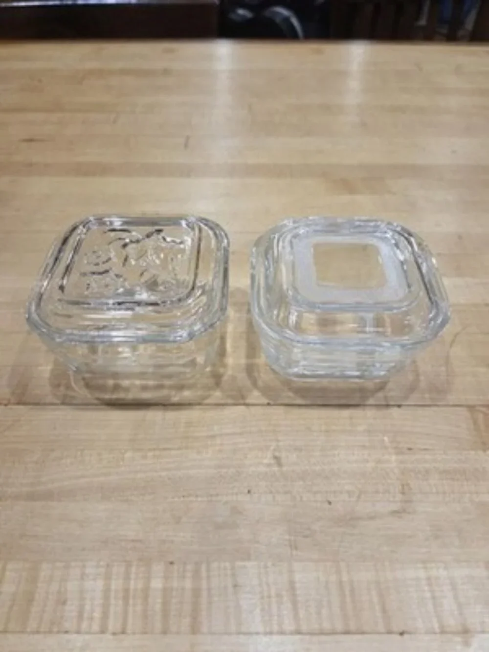 Vintage Federal Glass Square Refrigerator Dishes Mismatched Lids Set of 2
